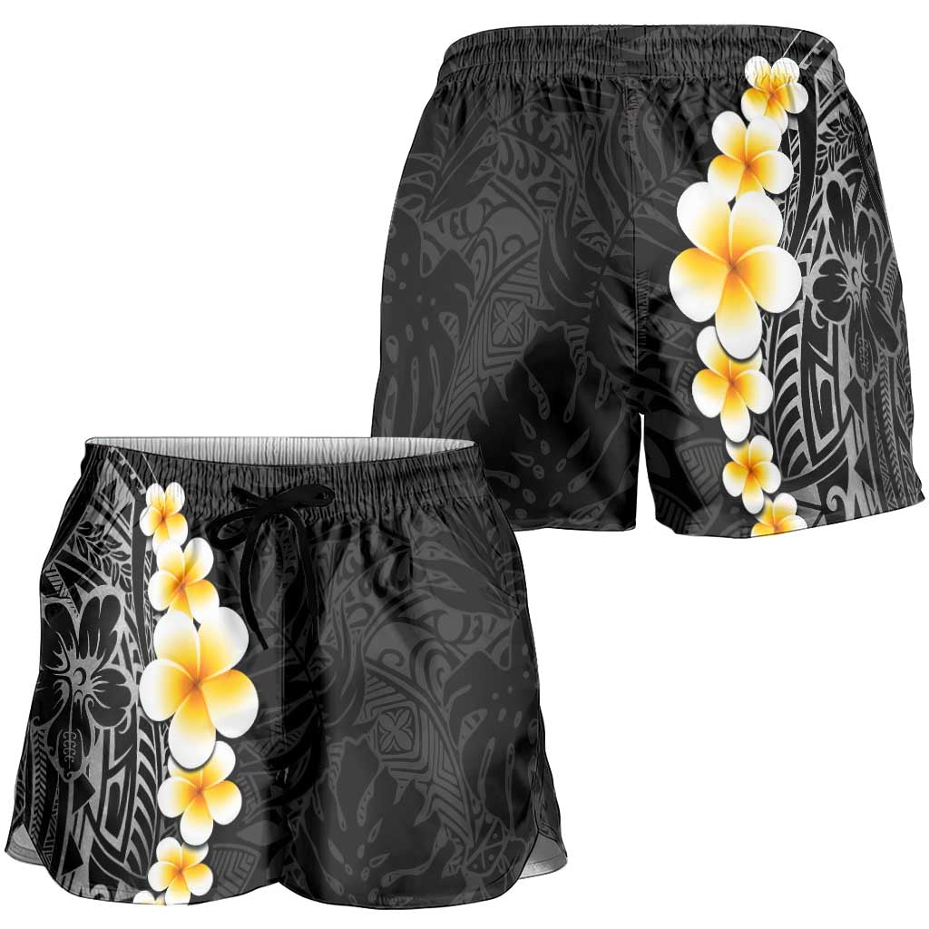 Black Tropical Plumeria With Galaxy Polynesian Art Shorts for Women - Polynesian Pride