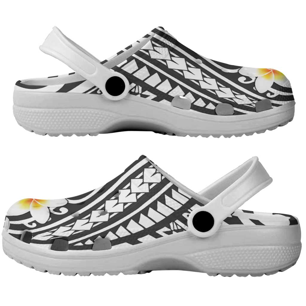 Black Vintage Tonga Ngatu Pattern With Plumeria Clogs Shoes - Polynesian Pride