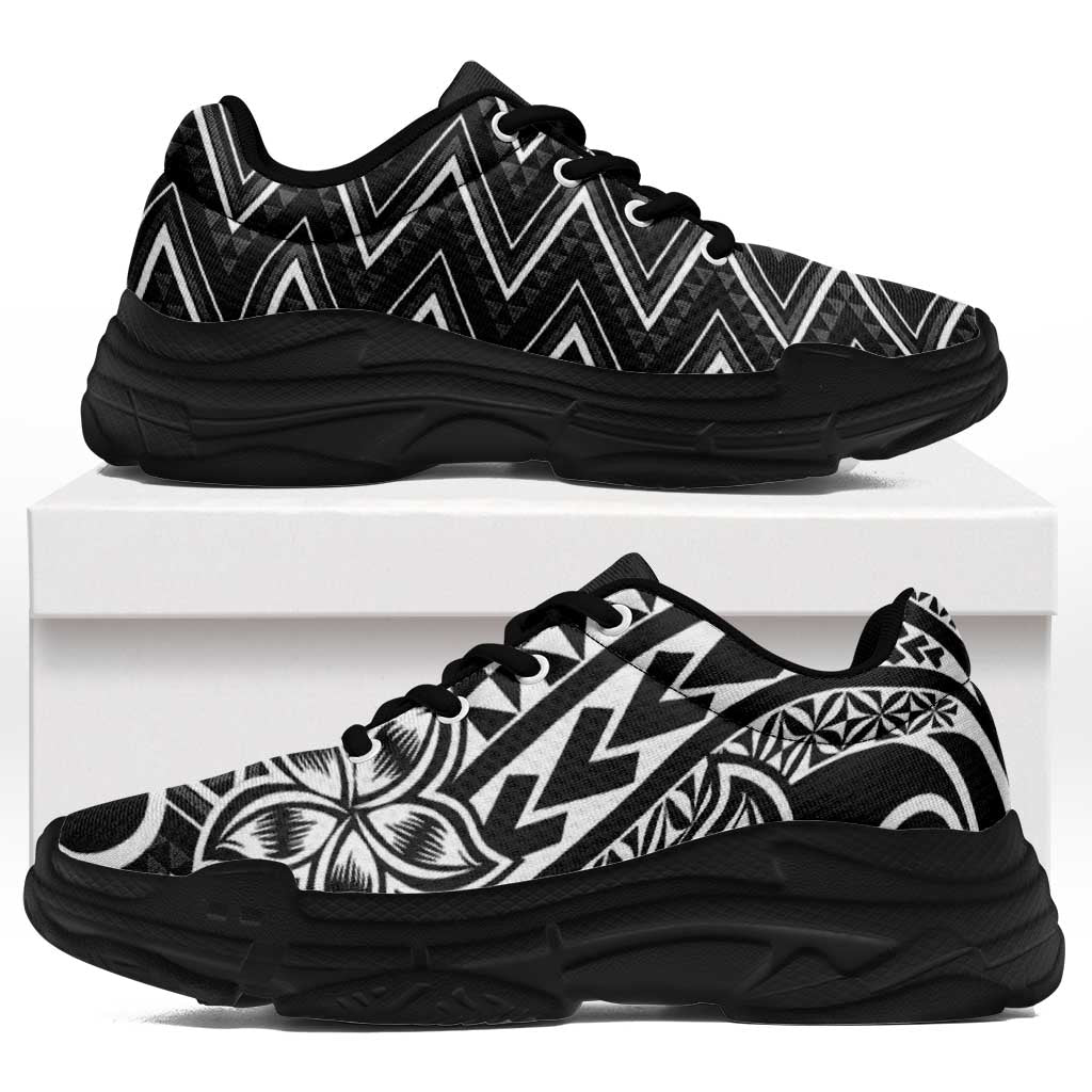 Black White New Zealand Taniko Motifs Chunky Sneakers Aotearoa Maori Plumeria Curve Style