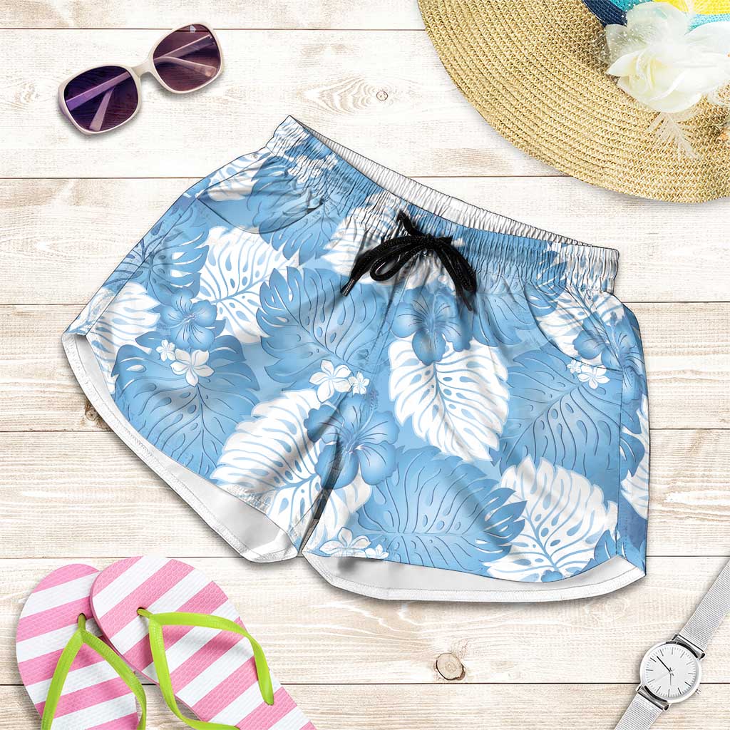 Blue Aloha Hawaii Shorts for Women Monstera Hibiscus Plumeria Seamless Vibes LT14 Blue - Polynesian Pride