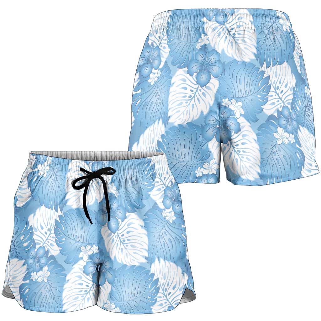 Blue Aloha Hawaii Shorts for Women Monstera Hibiscus Plumeria Seamless Vibes LT14 - Polynesian Pride