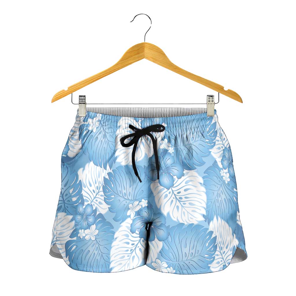 Blue Aloha Hawaii Shorts for Women Monstera Hibiscus Plumeria Seamless Vibes LT14 - Polynesian Pride