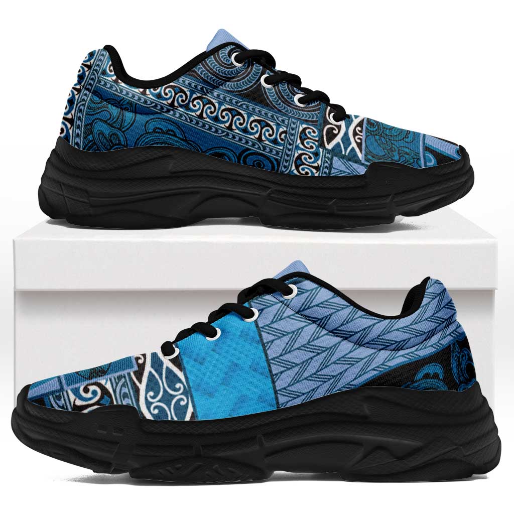 Blue Aotearoa Kowhaiwhai Pattern Chunky Sneakers NZ Maori Quilt Style - Polynesian Pride