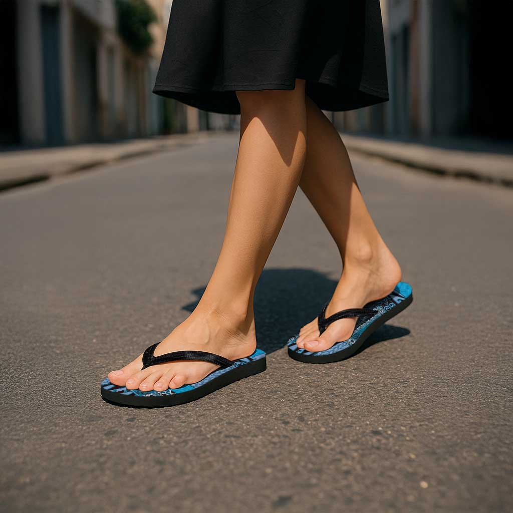 Blue Aotearoa Kowhaiwhai Pattern Flip Flops NZ Maori Quilt Style - Polynesian Pride