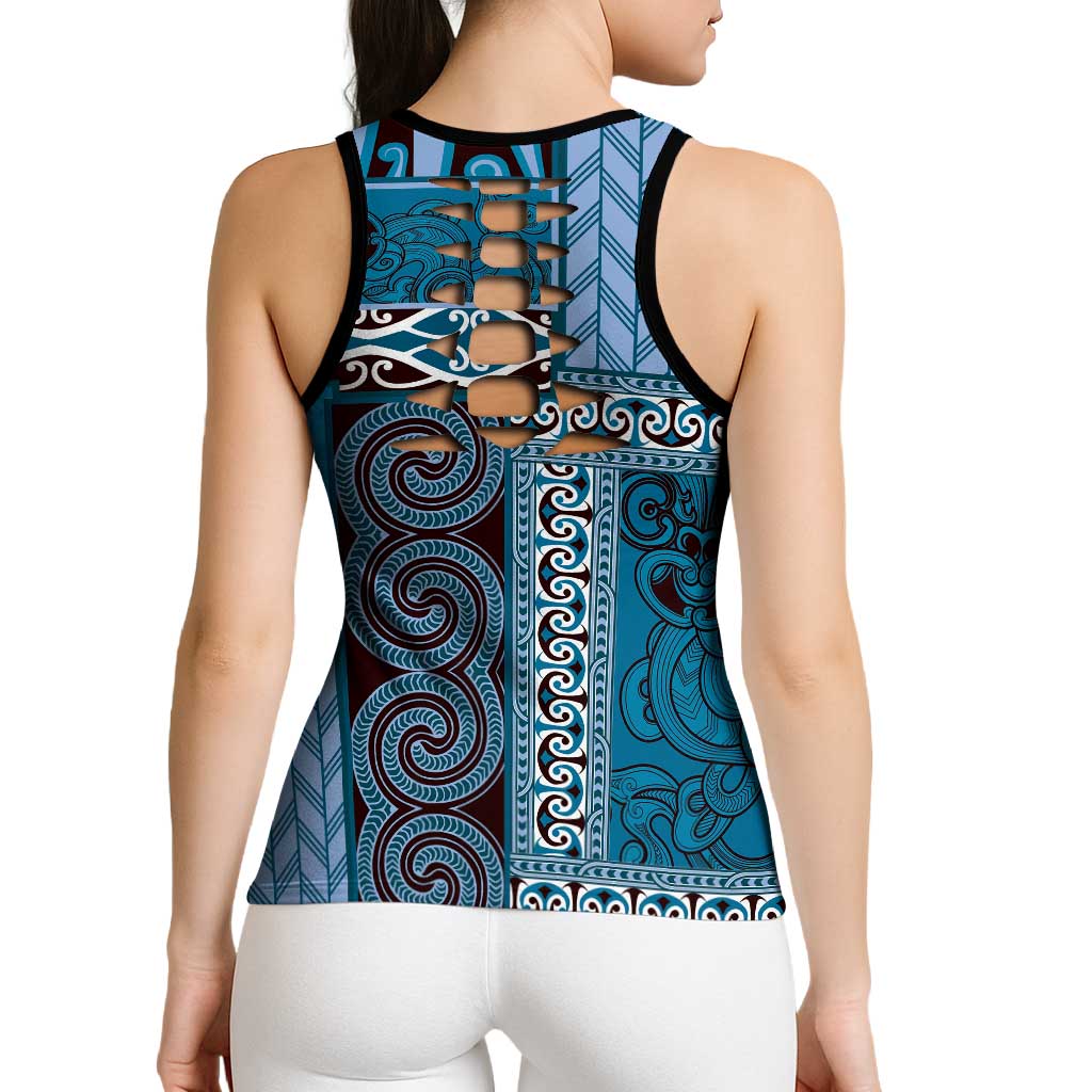 Blue Aotearoa Kowhaiwhai Pattern Hollow Tank Top NZ Maori Quilt Style - Polynesian Pride