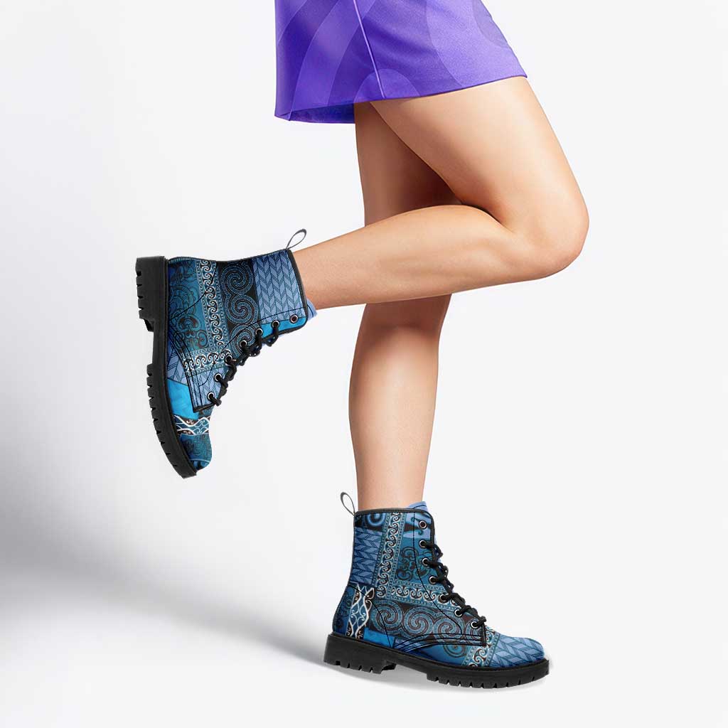 Blue Aotearoa Kowhaiwhai Pattern Leather Boots NZ Maori Quilt Style - Polynesian Pride