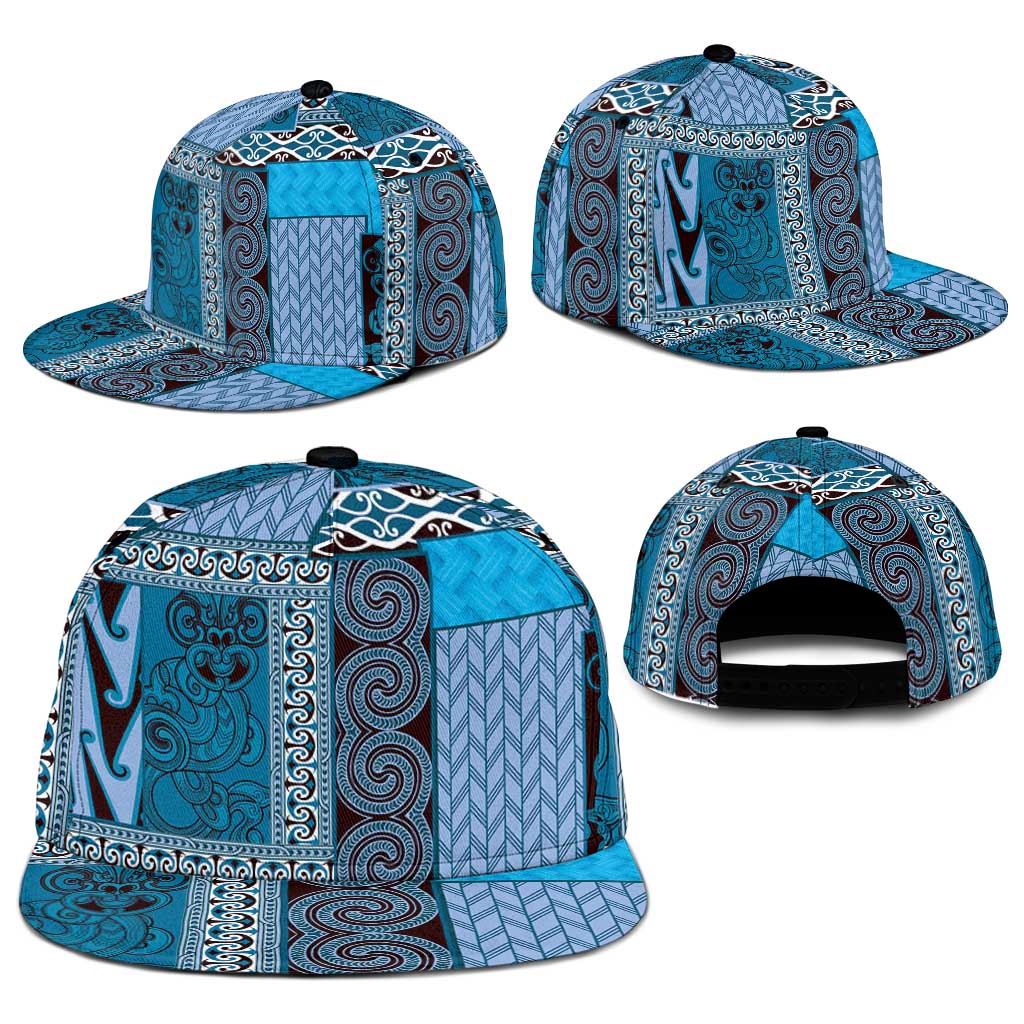 Blue Aotearoa Kowhaiwhai Pattern Snapback Cap NZ Maori Quilt Style - Polynesian Pride