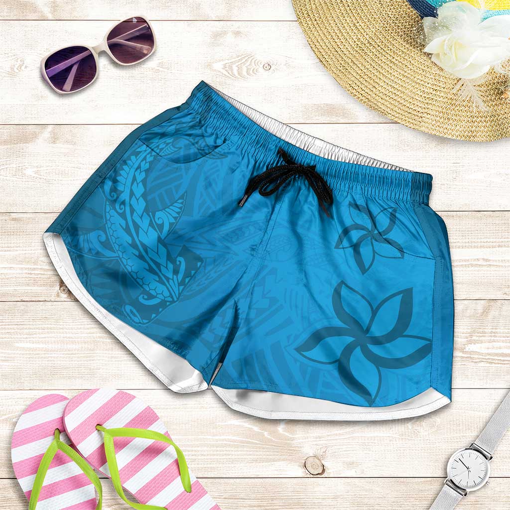 Blue Gradient Polynesia Shorts for Women Hawaiian Tribal Hammerhead Shark Tattoo - Polynesian Pride