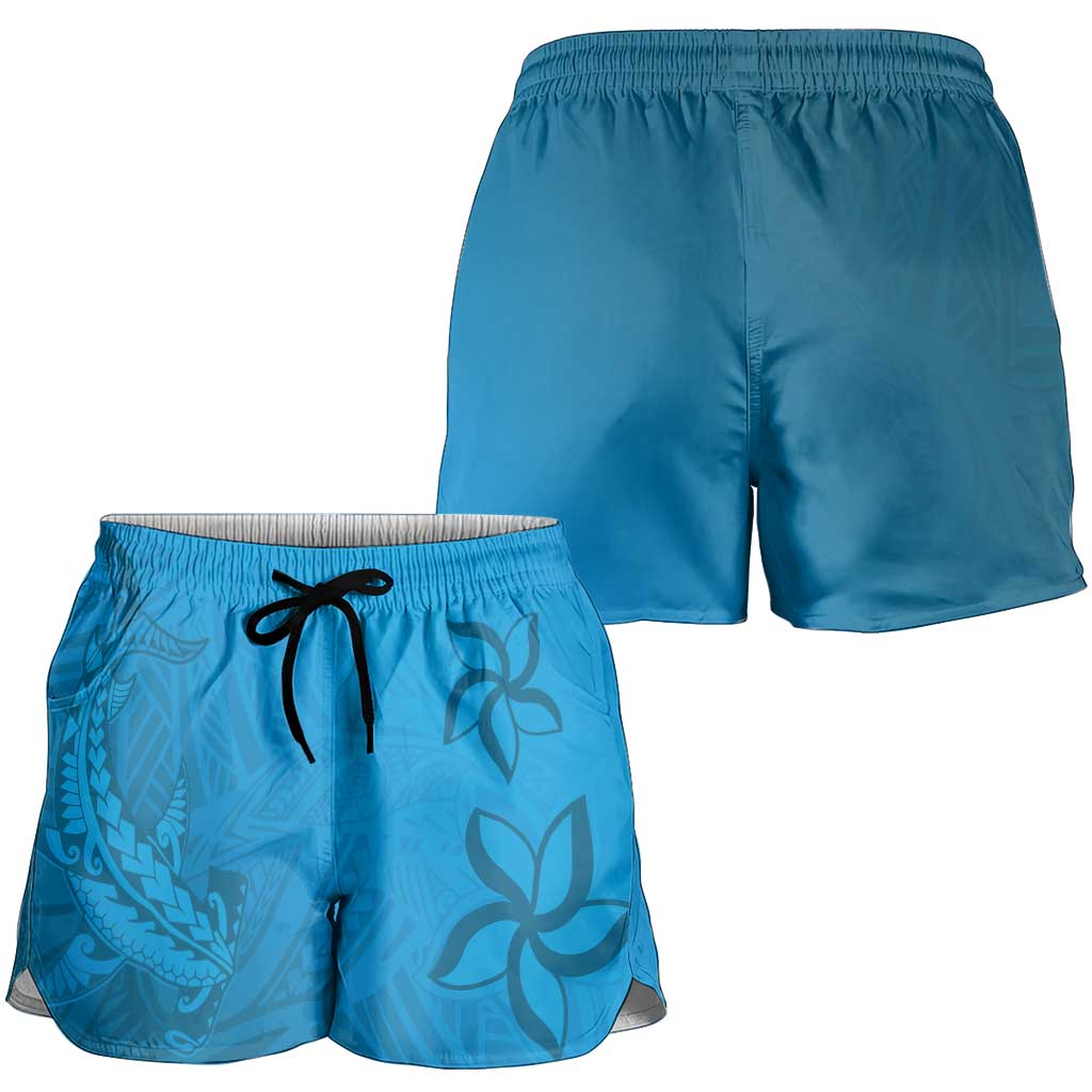 Blue Gradient Polynesia Shorts for Women Hawaiian Tribal Hammerhead Shark Tattoo - Polynesian Pride