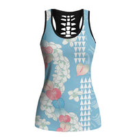 Blue Hawaii Anthurium Plumeria Lei Hollow Tank Top LT9 Female Blue - Polynesian Pride