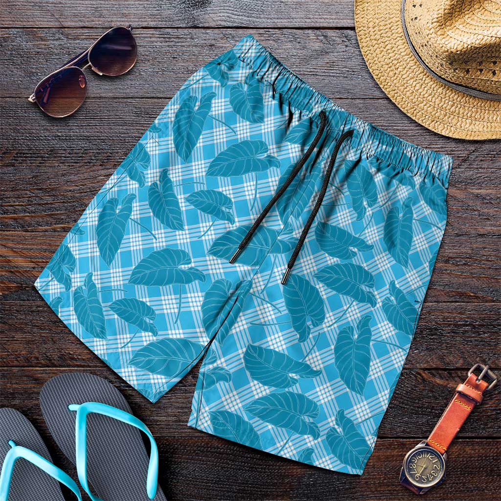 Blue Hawaii Kalo Palaka Motifs Shorts for Men Hawaiian Taro Leaves Elegant Vibes