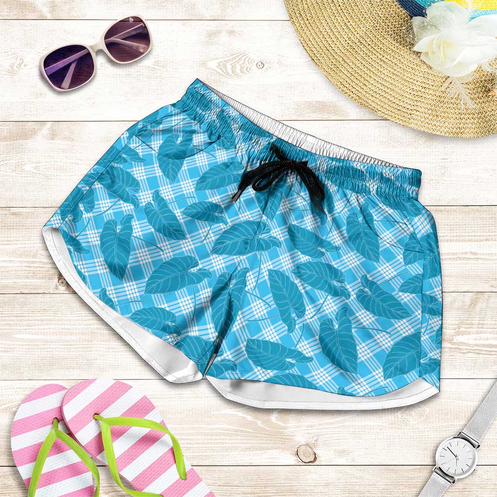 Blue Hawaii Kalo Palaka Motifs Shorts for Women Hawaiian Taro Leaves Elegant Vibes