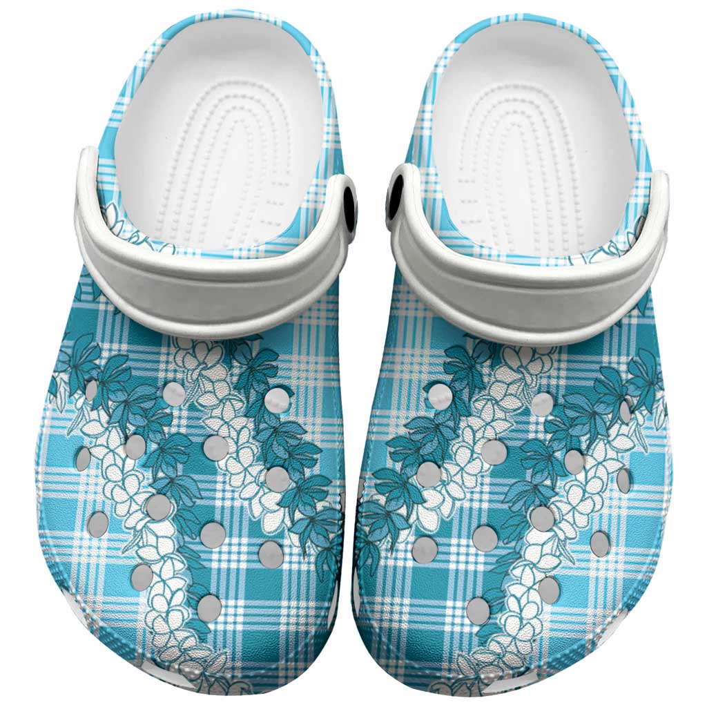 Blue Hawaii Palaka Clogs Shoes Hawaiian Honohono Lei