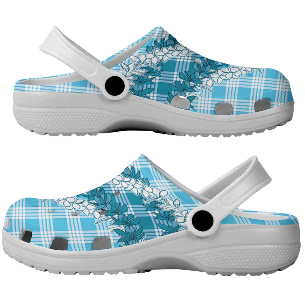 Blue Hawaii Palaka Clogs Shoes Hawaiian Honohono Lei