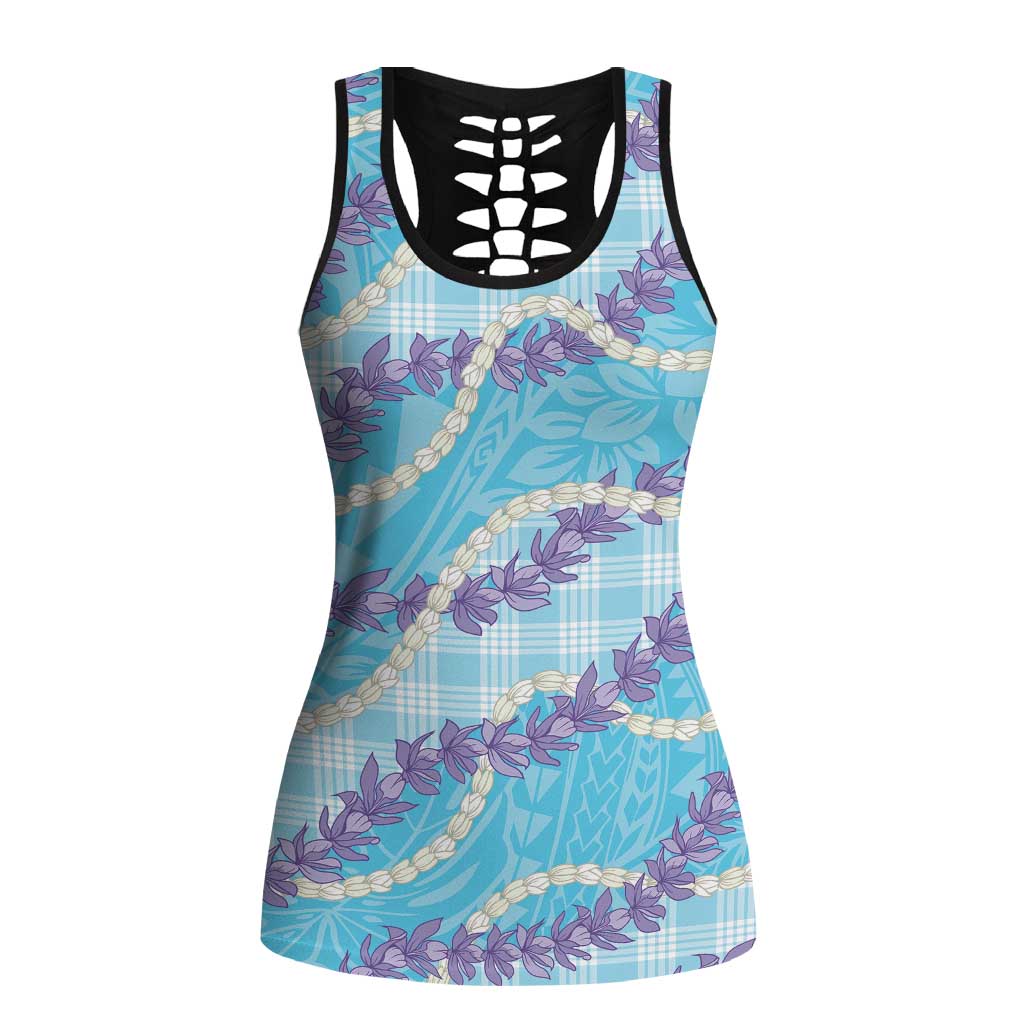 Blue Hawaii Palaka Honohono Pikake Hollow Tank Top Hawaiian Orchid Lei Polynesian Pattern - Polynesian Pride