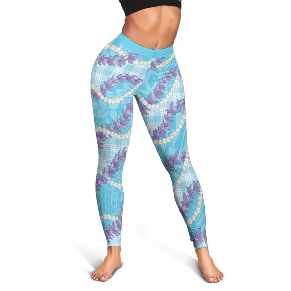 Blue Hawaii Palaka Honohono Pikake Leggings Hawaiian Orchid Lei Polynesian Pattern - Polynesian Pride