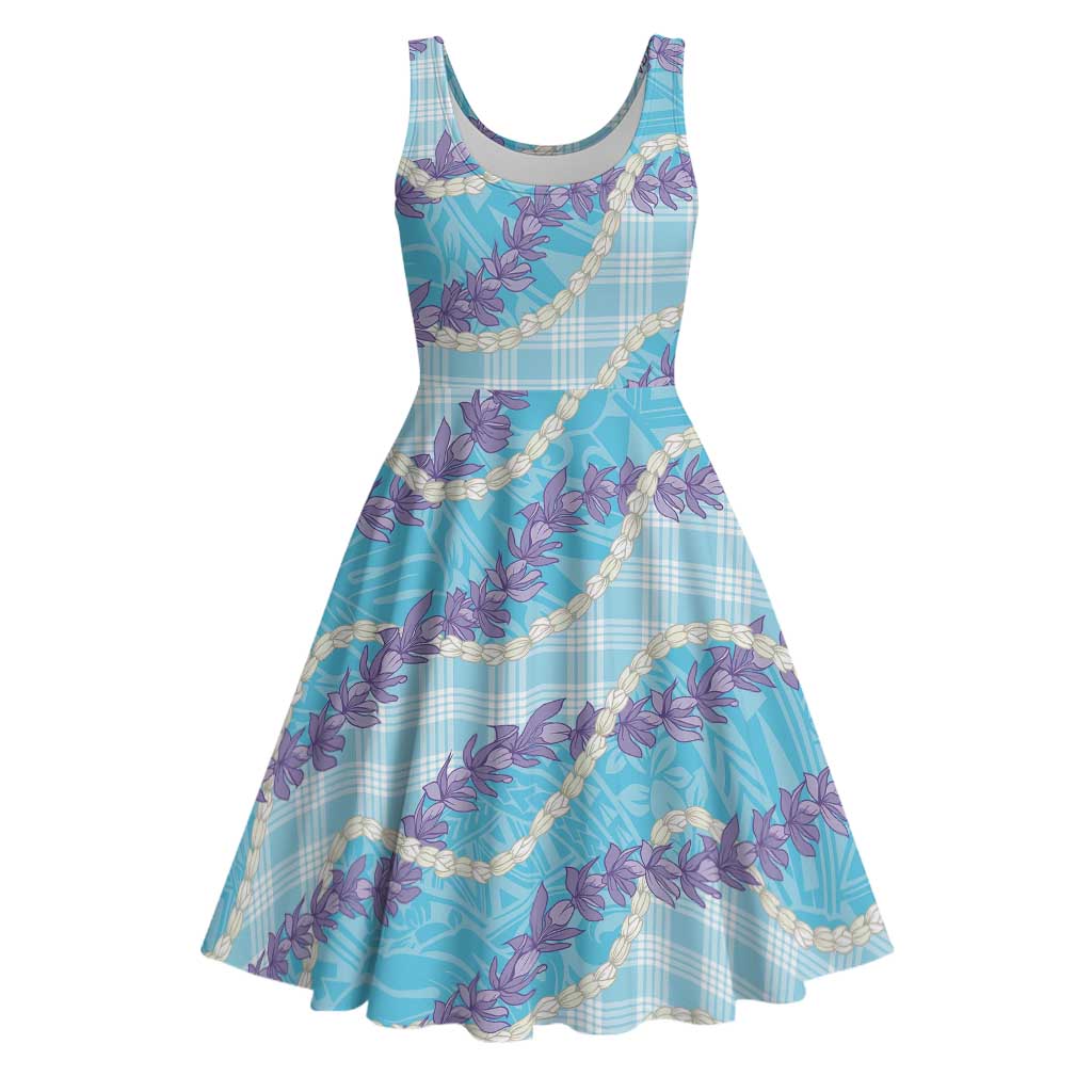 Blue Hawaii Palaka Honohono Pikake Midi Dress Hawaiian Orchid Lei Polynesian Pattern - Polynesian Pride