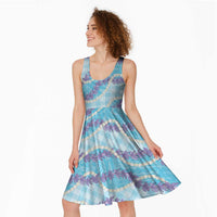 Blue Hawaii Palaka Honohono Pikake Midi Dress Hawaiian Orchid Lei Polynesian Pattern - Polynesian Pride