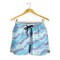 Blue Hawaii Palaka Honohono Pikake Shorts for Women Hawaiian Orchid Lei Polynesian Pattern - Polynesian Pride