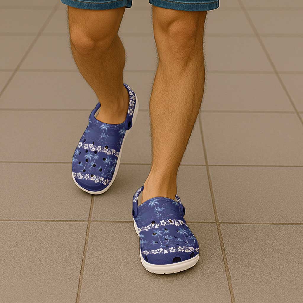 Blue Hawaii Palm Tree Hibiscus Clogs Shoes Fantasy Summer Vibe