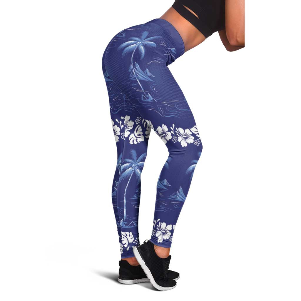 Blue Hawaii Palm Tree Hibiscus Leggings Fantasy Summer Vibe