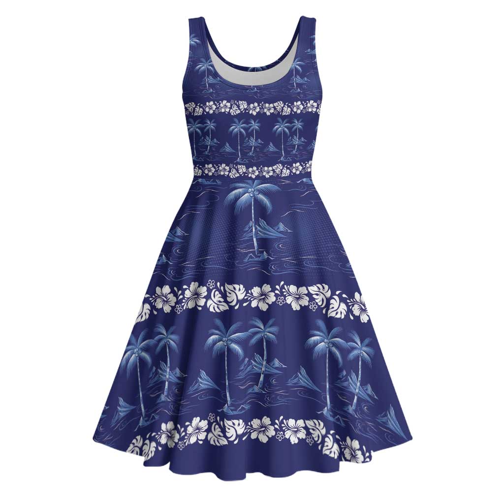 Blue Hawaii Palm Tree Hibiscus Midi Dress Fantasy Summer Vibe