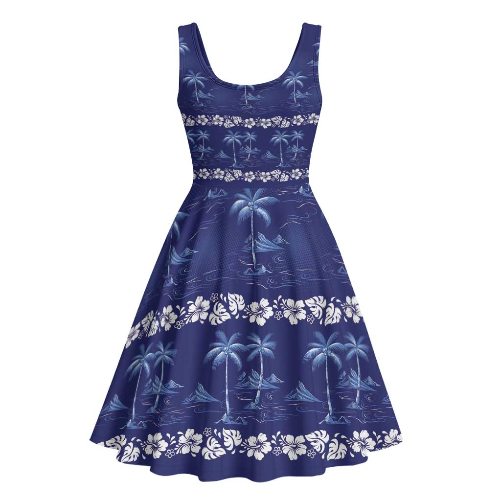 Blue Hawaii Palm Tree Hibiscus Midi Dress Fantasy Summer Vibe