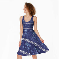 Blue Hawaii Palm Tree Hibiscus Midi Dress Fantasy Summer Vibe