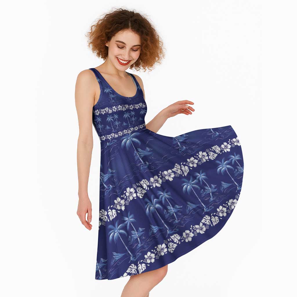 Blue Hawaii Palm Tree Hibiscus Midi Dress Fantasy Summer Vibe