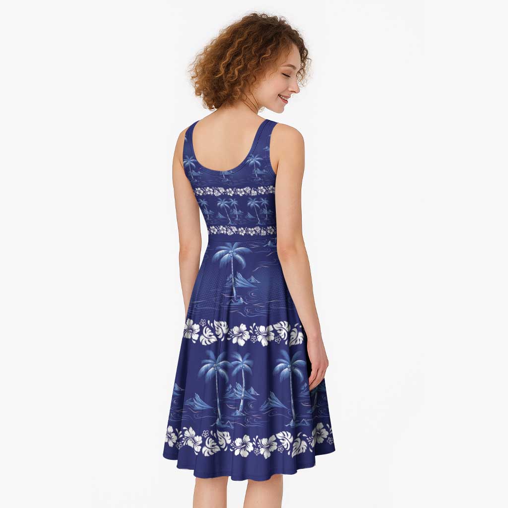 Blue Hawaii Palm Tree Hibiscus Midi Dress Fantasy Summer Vibe