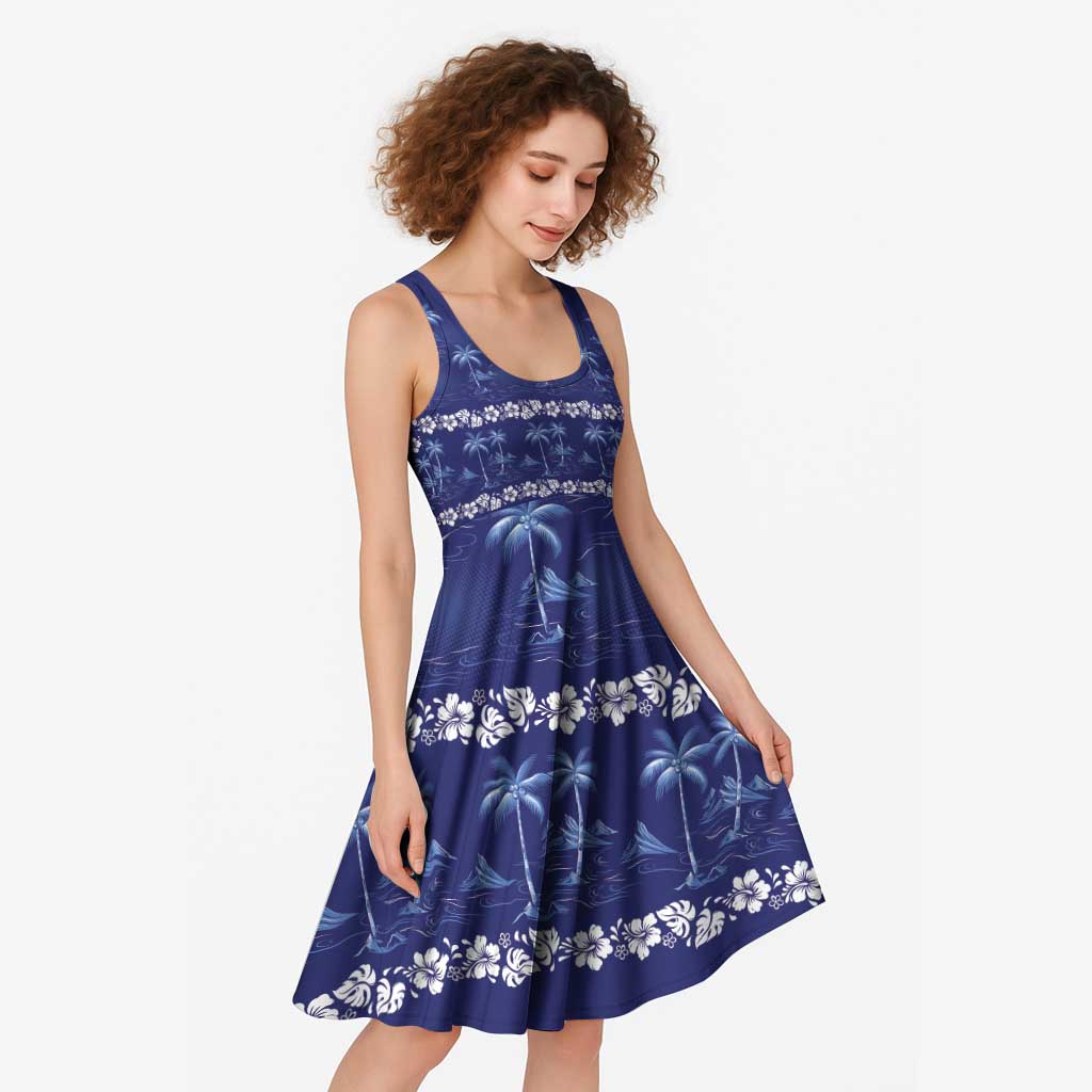 Blue Hawaii Palm Tree Hibiscus Midi Dress Fantasy Summer Vibe