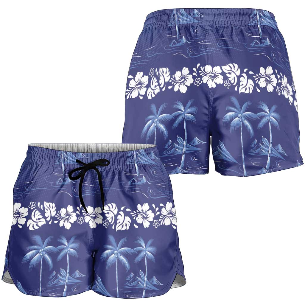 Blue Hawaii Palm Tree Hibiscus Shorts for Women Fantasy Summer Vibe