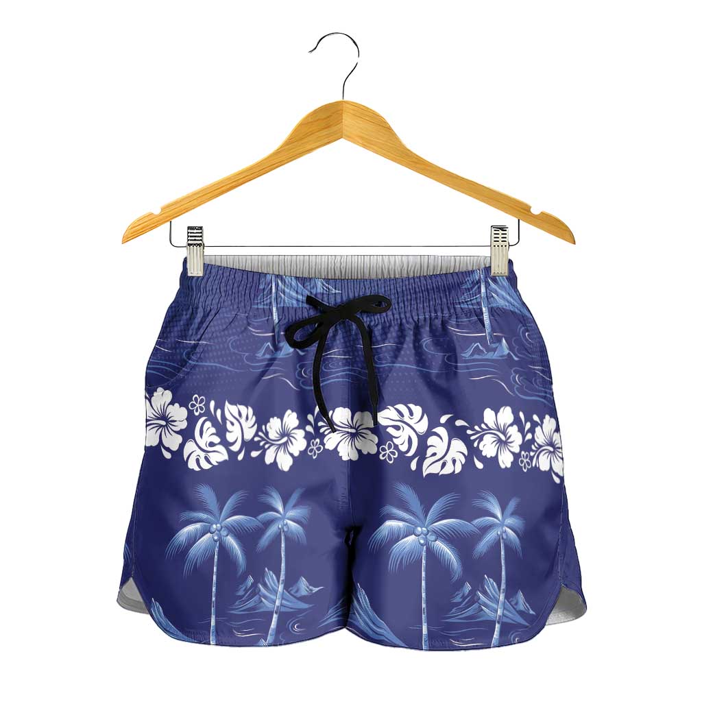 Blue Hawaii Palm Tree Hibiscus Shorts for Women Fantasy Summer Vibe