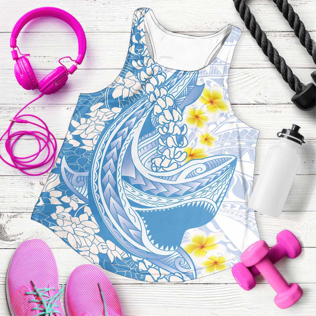 Blue Hawaii Shark Tattoo Women Racerback Tank Puakenikeni Lei Plumeria Polynesian Pattern