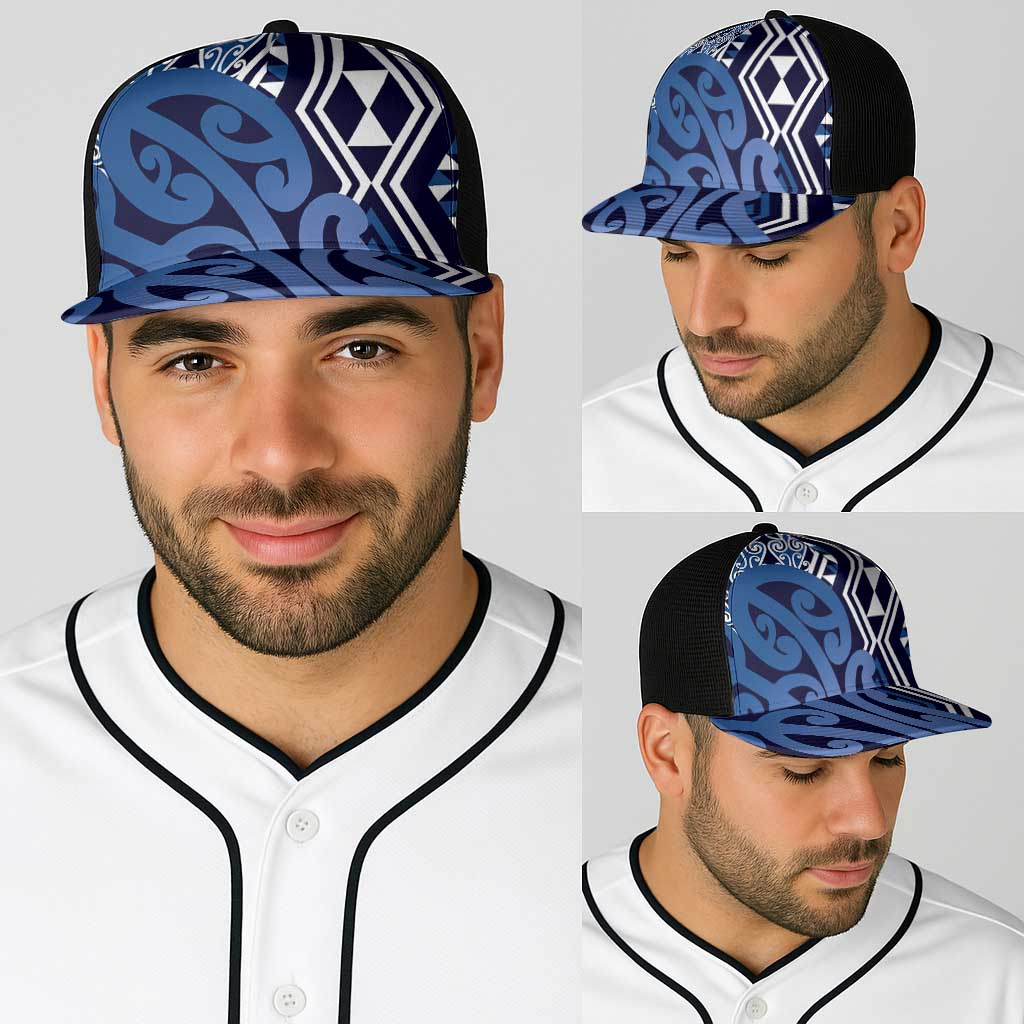 Blue New Zealand Baseball Net Cap Aotearoa Kowhaiwhai Mix Taniko Art - Polynesian Pride
