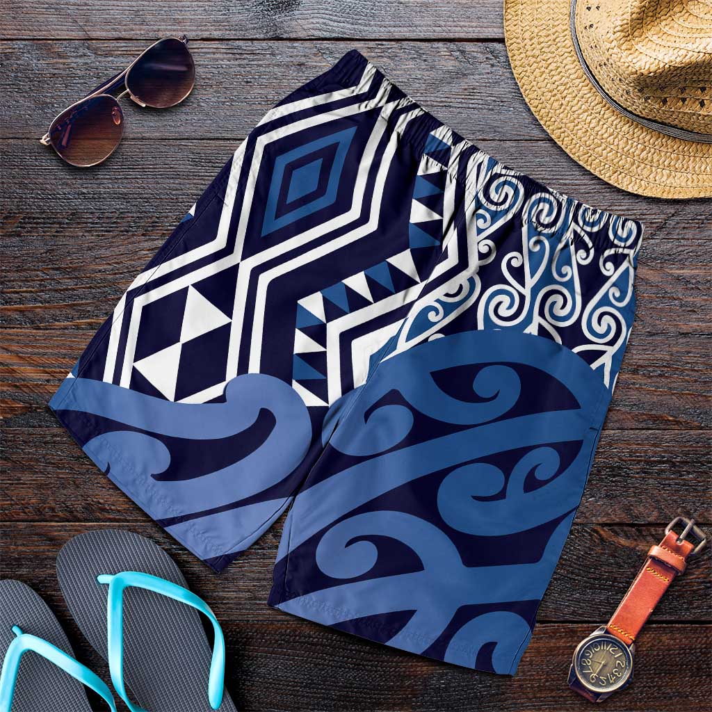 Blue New Zealand Shorts for Men Aotearoa Kowhaiwhai Mix Taniko Art LT14