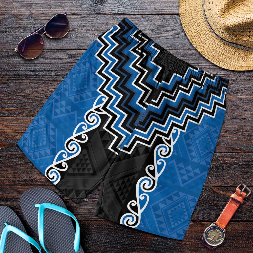 Blue Niho Taniwha Mix Poutama Shorts for Men Unique Taniko Aotearoa - Polynesian Pride