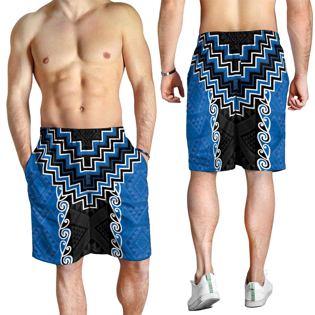 Blue Niho Taniwha Mix Poutama Shorts for Men Unique Taniko Aotearoa - Polynesian Pride