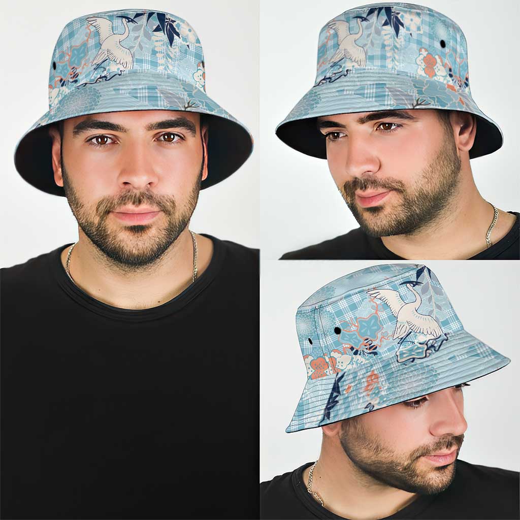 Blue Palaka Crane and Flowers Bucket Hat Japan Heritage Spirit - Polynesian Pride