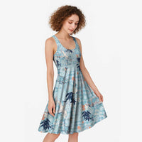 Blue Palaka Crane and Flowers Midi Dress Japan Heritage Spirit - Polynesian Pride