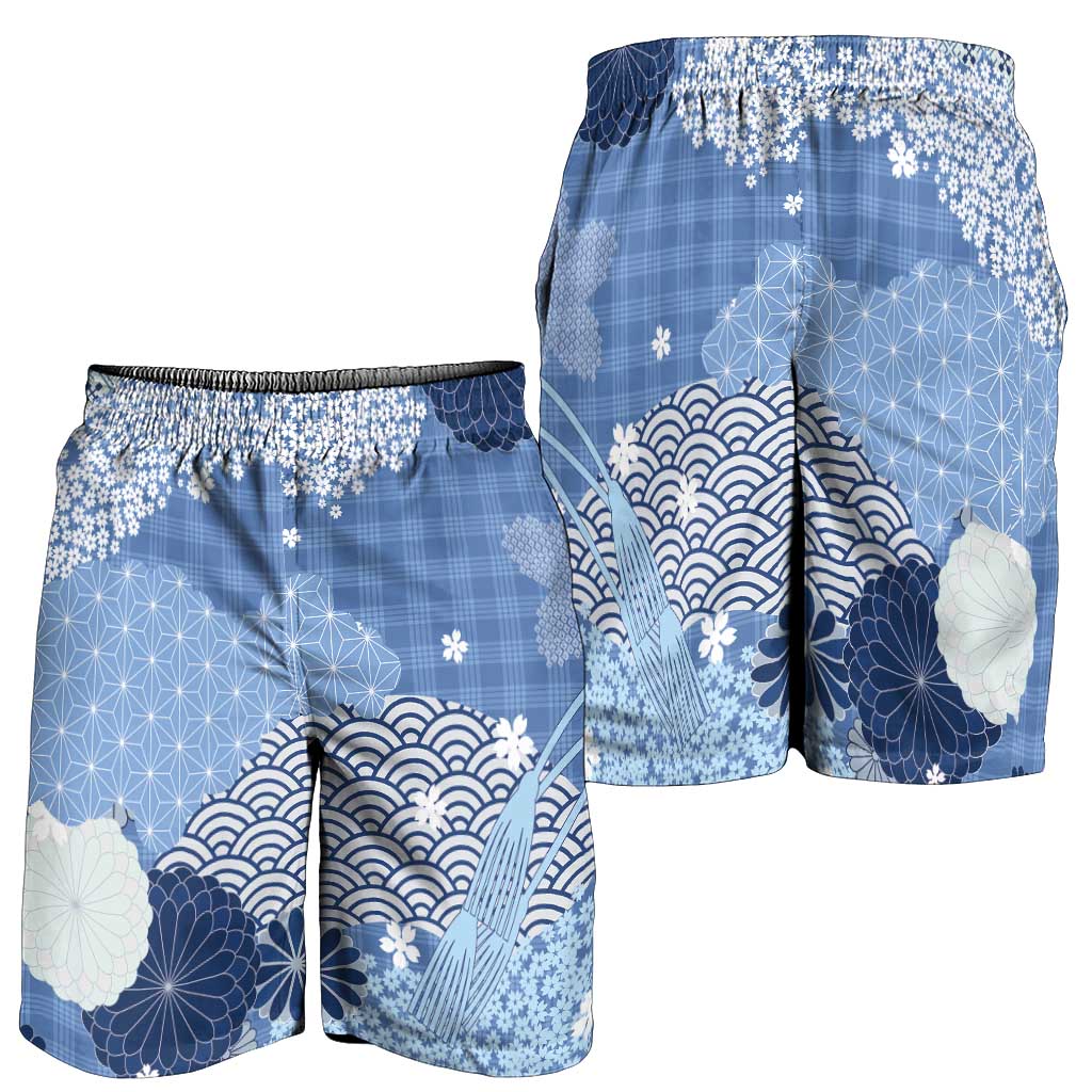 Blue Palaka Japanese Traditional Shorts for Men Asanoha Seigaiha Sakura Motif - Polynesian Pride