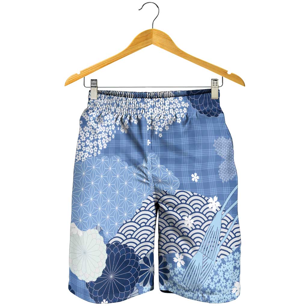 Blue Palaka Japanese Traditional Shorts for Men Asanoha Seigaiha Sakura Motif - Polynesian Pride