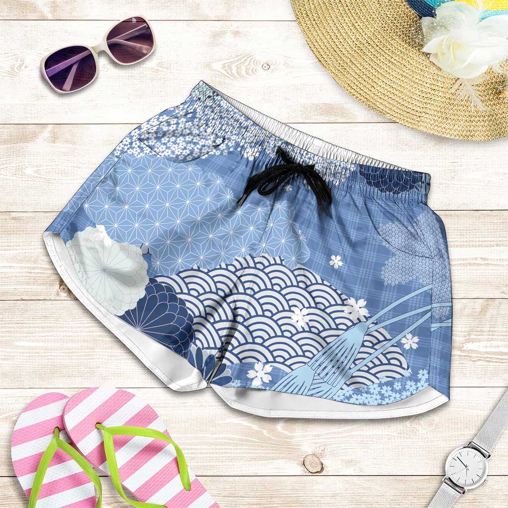 Blue Palaka Japanese Traditional Shorts for Women Asanoha Seigaiha Sakura Motif - Polynesian Pride