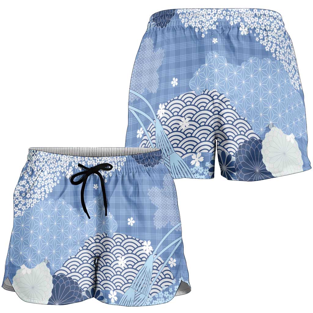 Blue Palaka Japanese Traditional Shorts for Women Asanoha Seigaiha Sakura Motif - Polynesian Pride