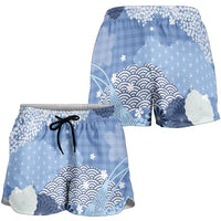 Blue Palaka Japanese Traditional Shorts for Women Asanoha Seigaiha Sakura Motif - Polynesian Pride