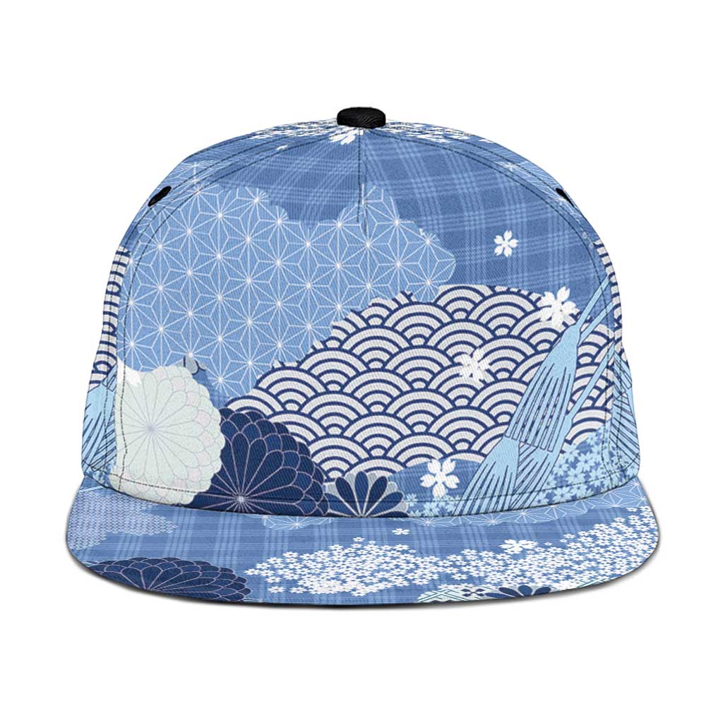 Blue Palaka Japanese Traditional Snapback Cap Asanoha Seigaiha Sakura Motif - Polynesian Pride