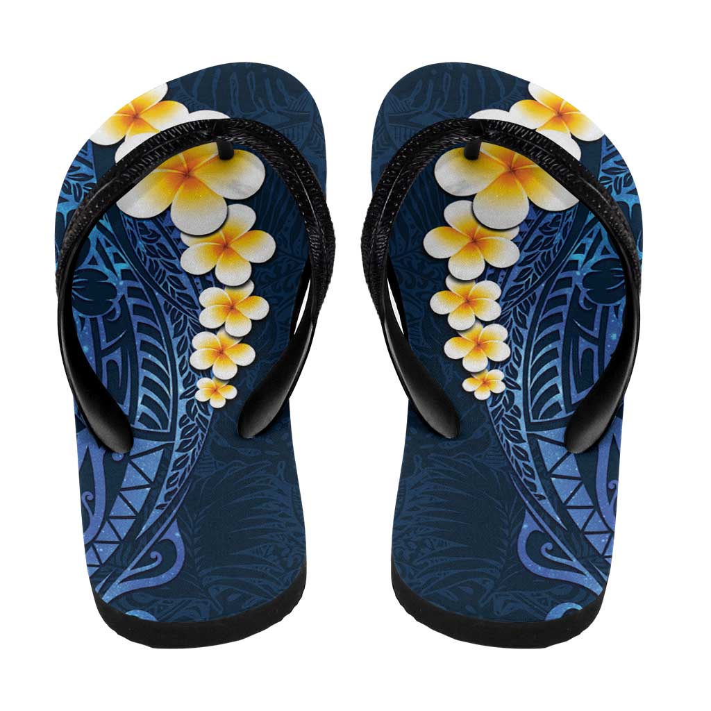 Blue Polynesia Flip Flops Plumeria Tropical Leaves Galaxy Polynesian Art - Polynesian Pride