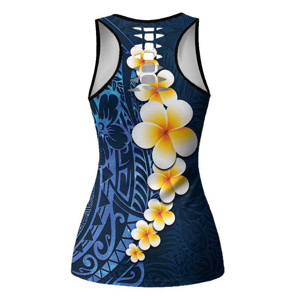 Blue Polynesia Hollow Tank Top Plumeria Tropical Leaves Galaxy Polynesian Art - Polynesian Pride