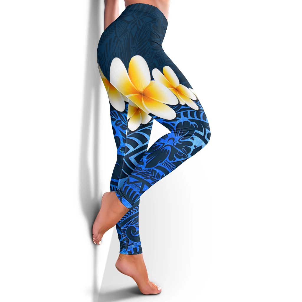 Blue Polynesia Leggings Plumeria Tropical Leaves With Galaxy Polynesian Art - Polynesian Pride