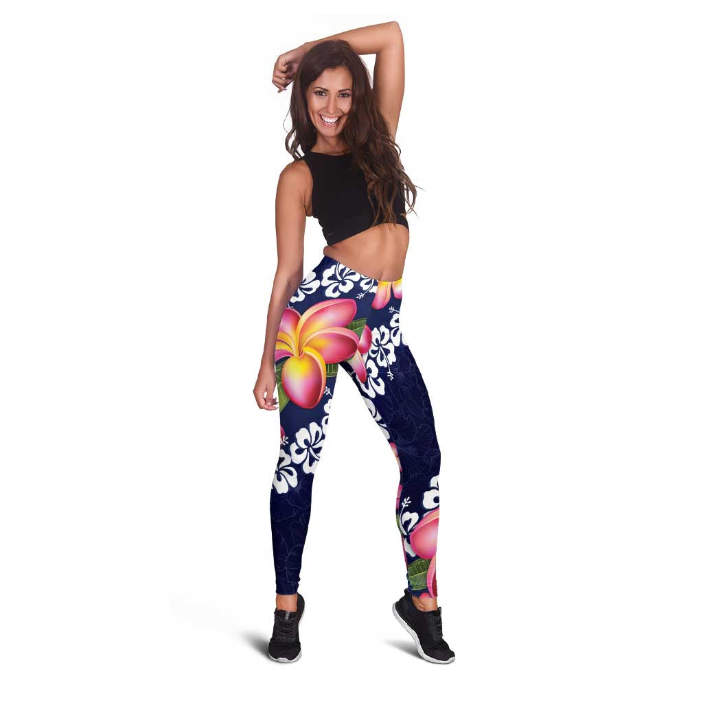 Blue Polynesia Leggings Plumeria With Hibiscus Pattern Tropical Vibes - Polynesian Pride